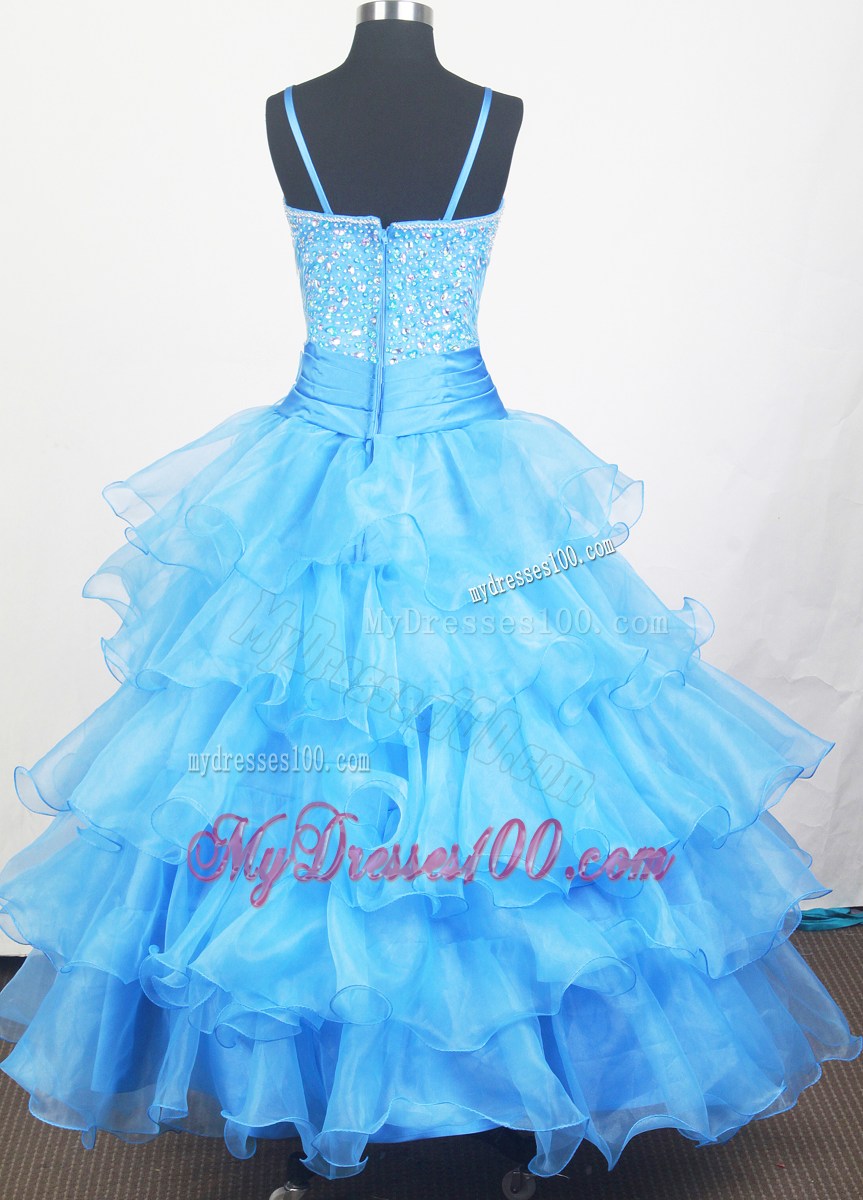 Aqua Blue and Hand Made Flowers For Little Gril Pageant Dress With Beaded Decorate Bodice