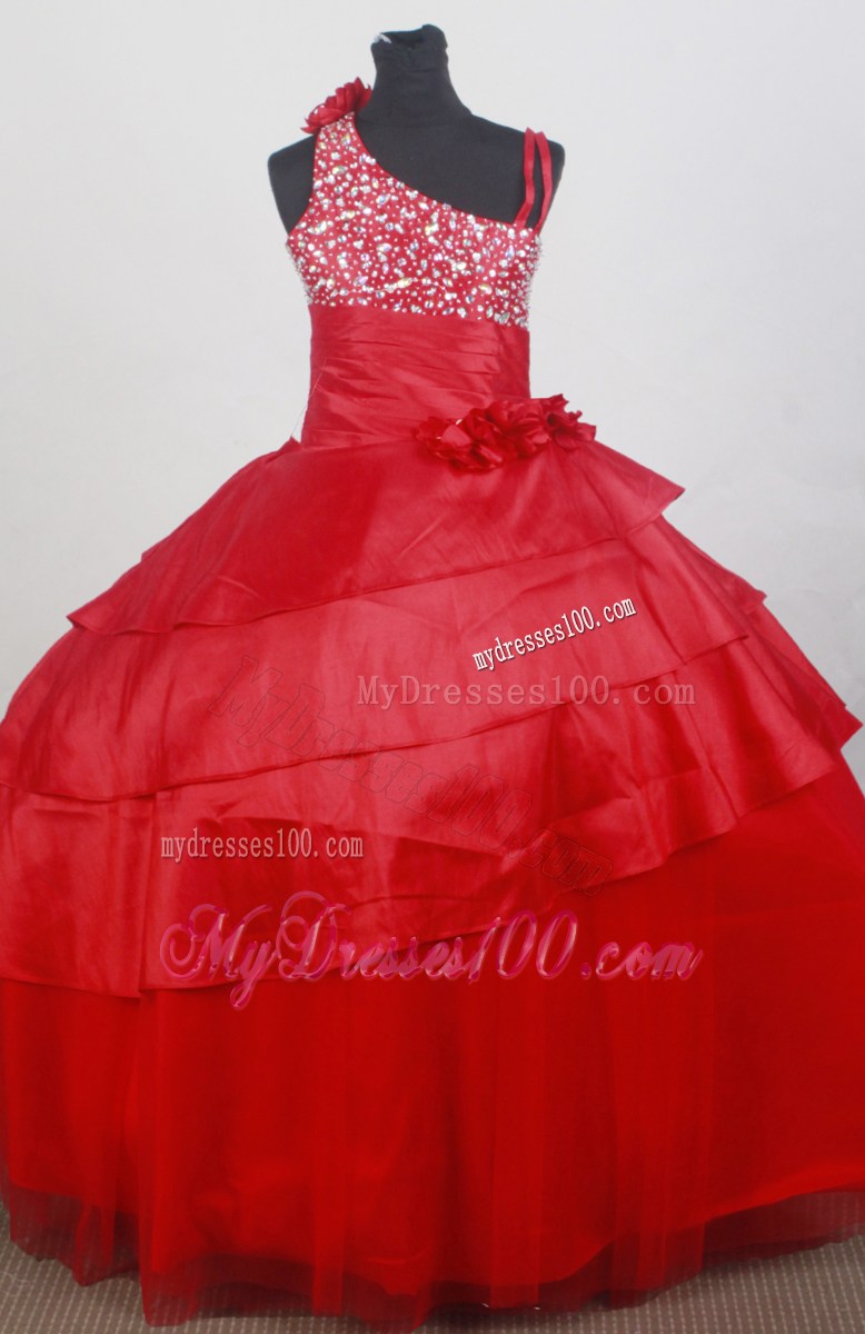 Asymmetrical Red Beaded and Flowers Decorate Flower Girl Dress Ball Gown