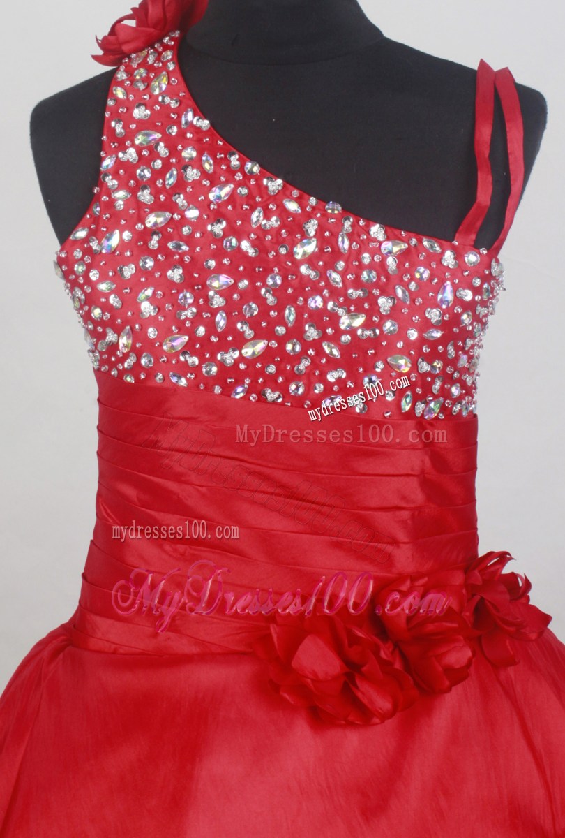 Asymmetrical Red Beaded and Flowers Decorate Flower Girl Dress Ball Gown
