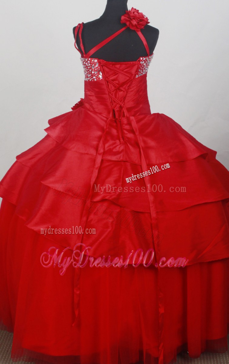 Asymmetrical Red Beaded and Flowers Decorate Flower Girl Dress Ball Gown