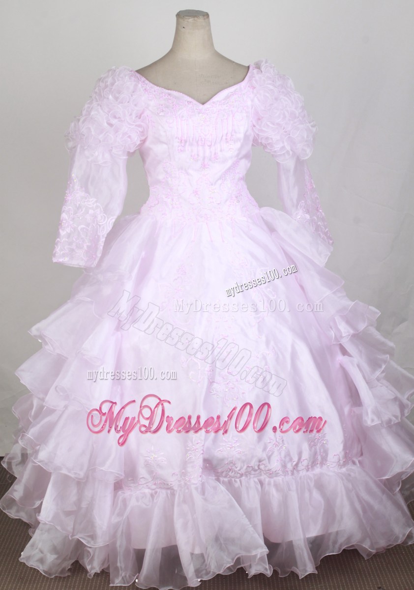 Baby Pink 2013 Popular Flower Girl Pageant Dress With Long Sleeves Embroidery and Ruffled Layers Decorate