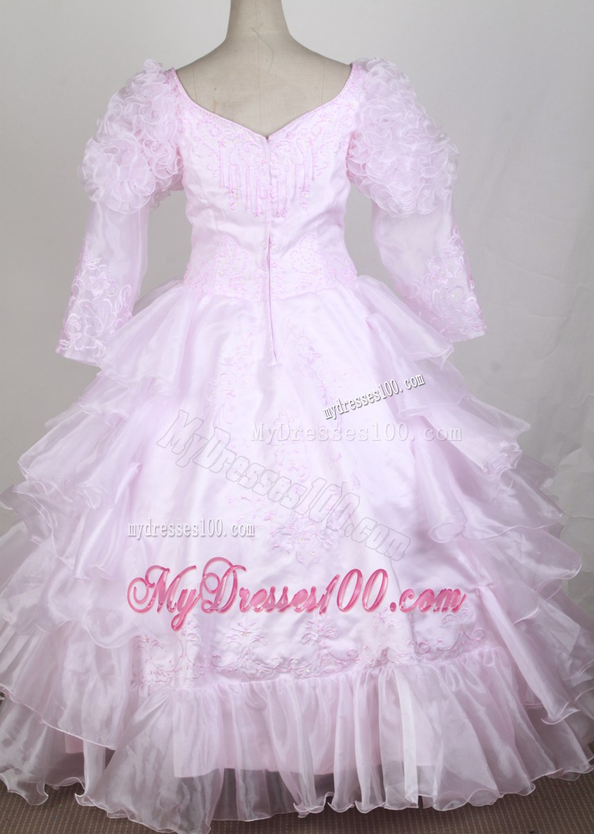 Baby Pink 2013 Popular Flower Girl Pageant Dress With Long Sleeves Embroidery and Ruffled Layers Decorate