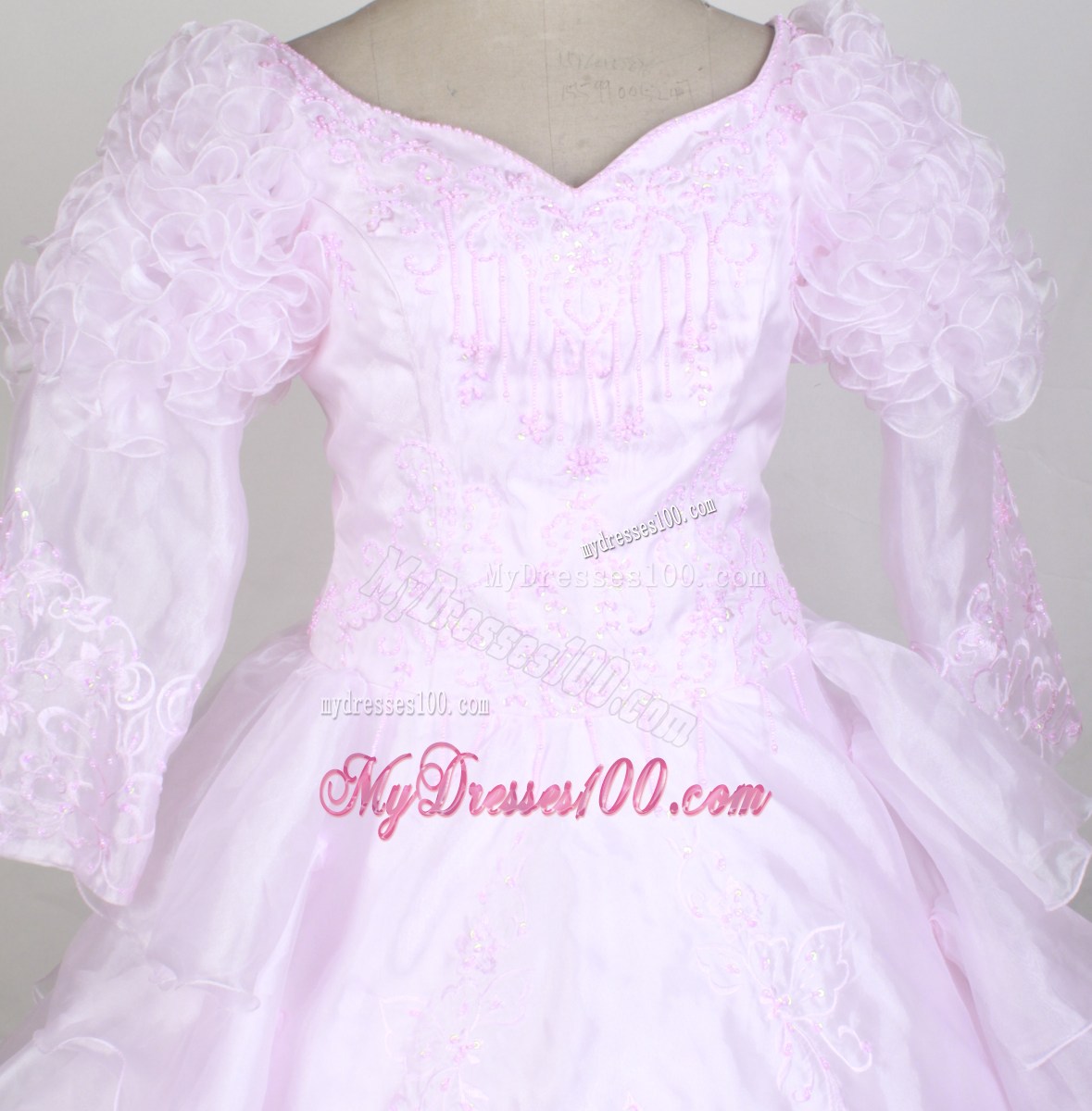 Baby Pink 2013 Popular Flower Girl Pageant Dress With Long Sleeves Embroidery and Ruffled Layers Decorate