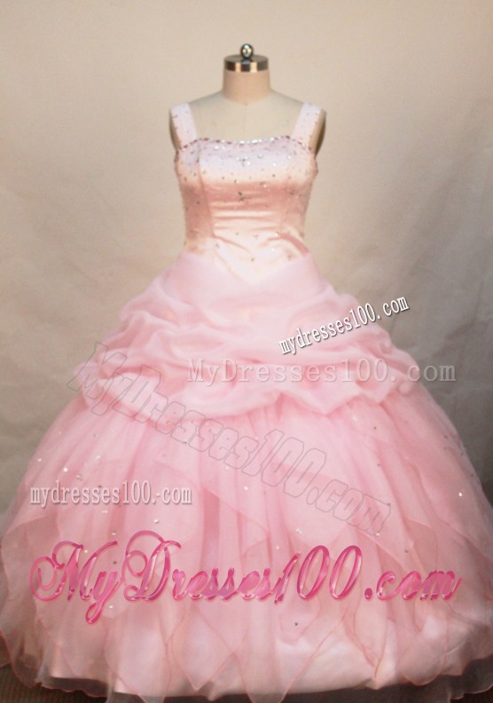 Baby Pink Flower Girl Pageant Dress With Straps Neckline Beaded Decorate Organza