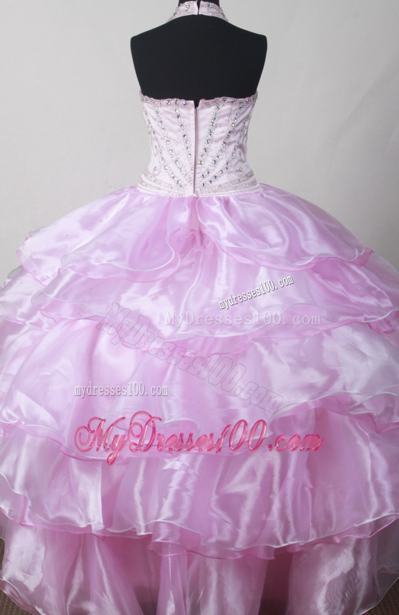 Baby Pink and Beaded Decorate HalterLayer For Little Girl Pageant Dresses
