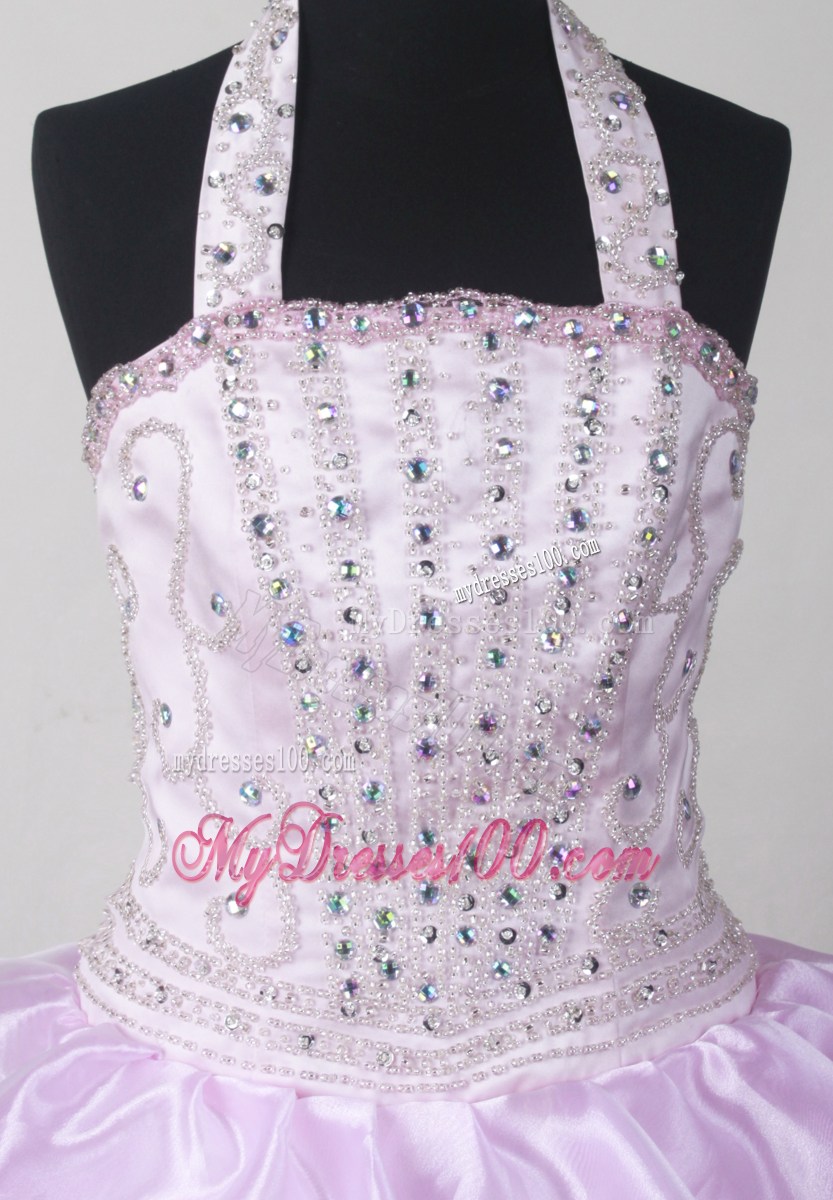 Baby Pink and Beaded Decorate HalterLayer For Little Girl Pageant Dresses