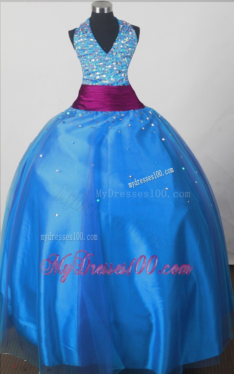 Beaded Decorate Bodice Halter Top Floor-length Ball Gown Little Gril Pageant Dress