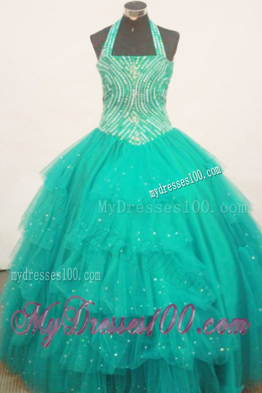 Beaded Decorate Bust Turquoise Little Girl Pageant Dress Halter Top With Ruffled Layeres