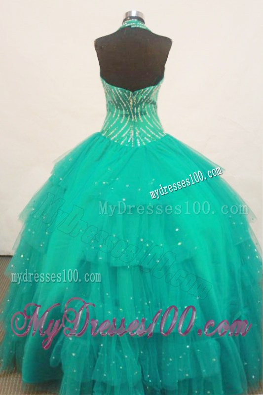 Beaded Decorate Bust Turquoise Little Girl Pageant Dress Halter Top With Ruffled Layeres