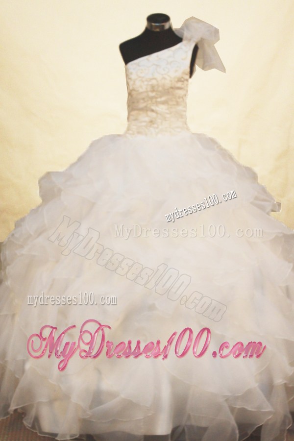 Beaded Decorate Exquisite One Shoulder Neckline White Flower Girl Pageant Dresses
