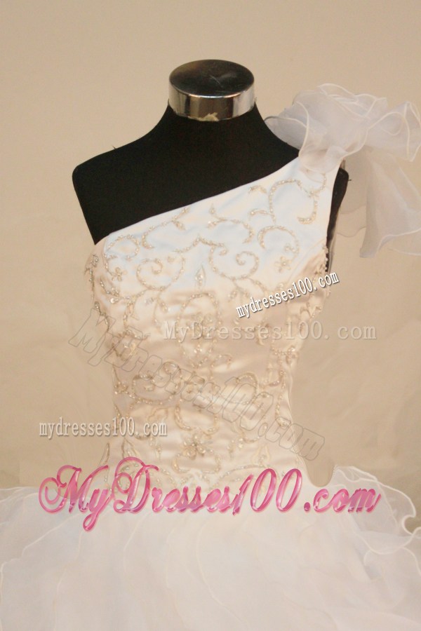 Beaded Decorate Exquisite One Shoulder Neckline White Flower Girl Pageant Dresses