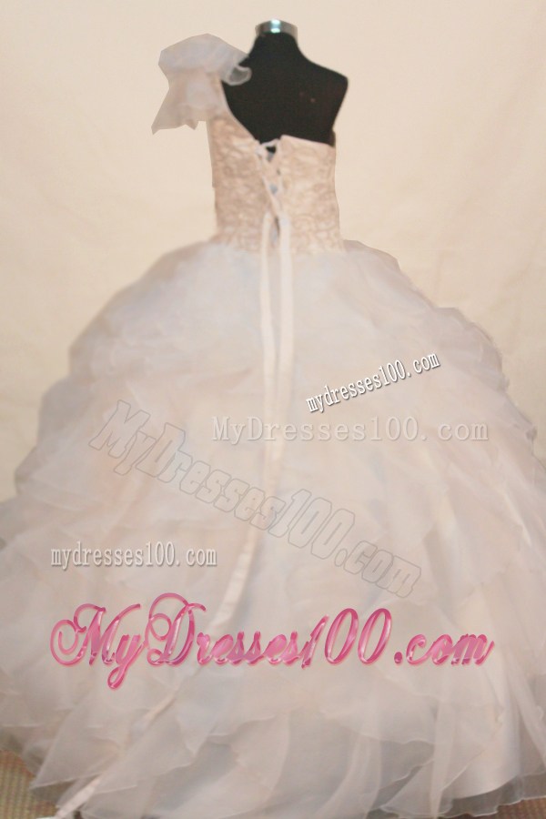 Beaded Decorate Exquisite One Shoulder Neckline White Flower Girl Pageant Dresses