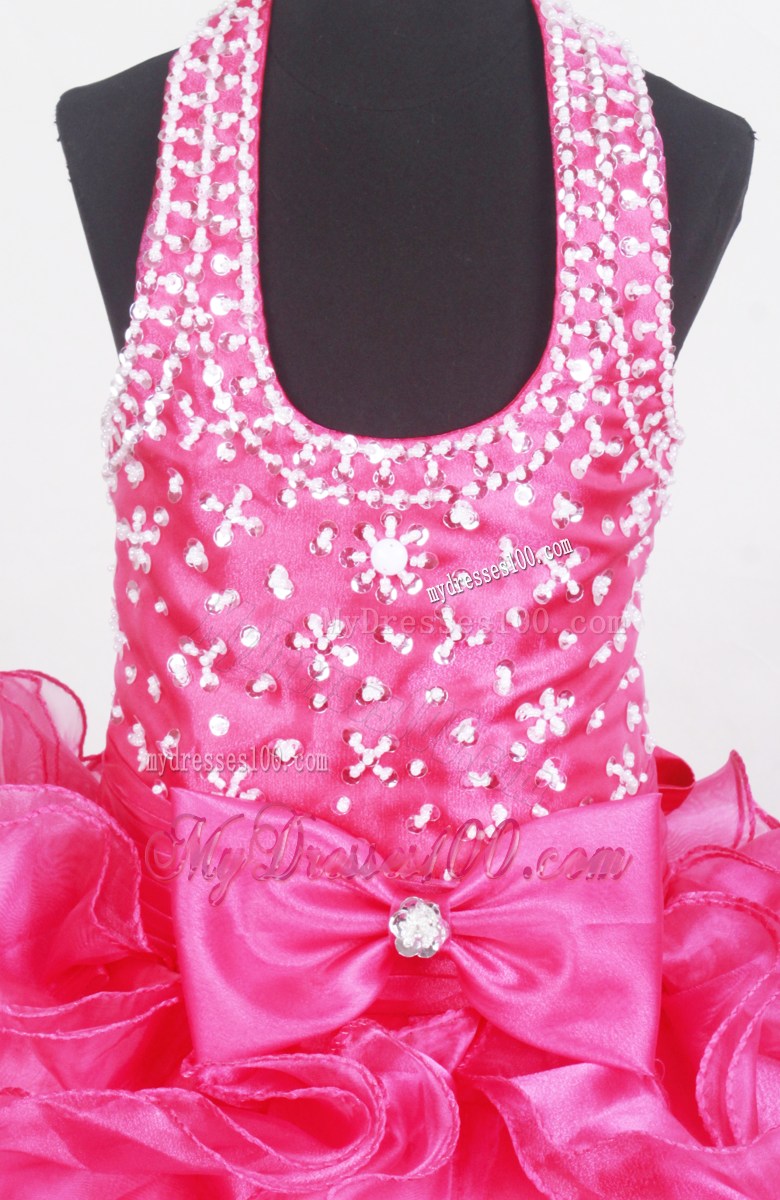 Beaded Decorate Halter and Bowknot For Little Girl Pageant Dresses With Ruffles