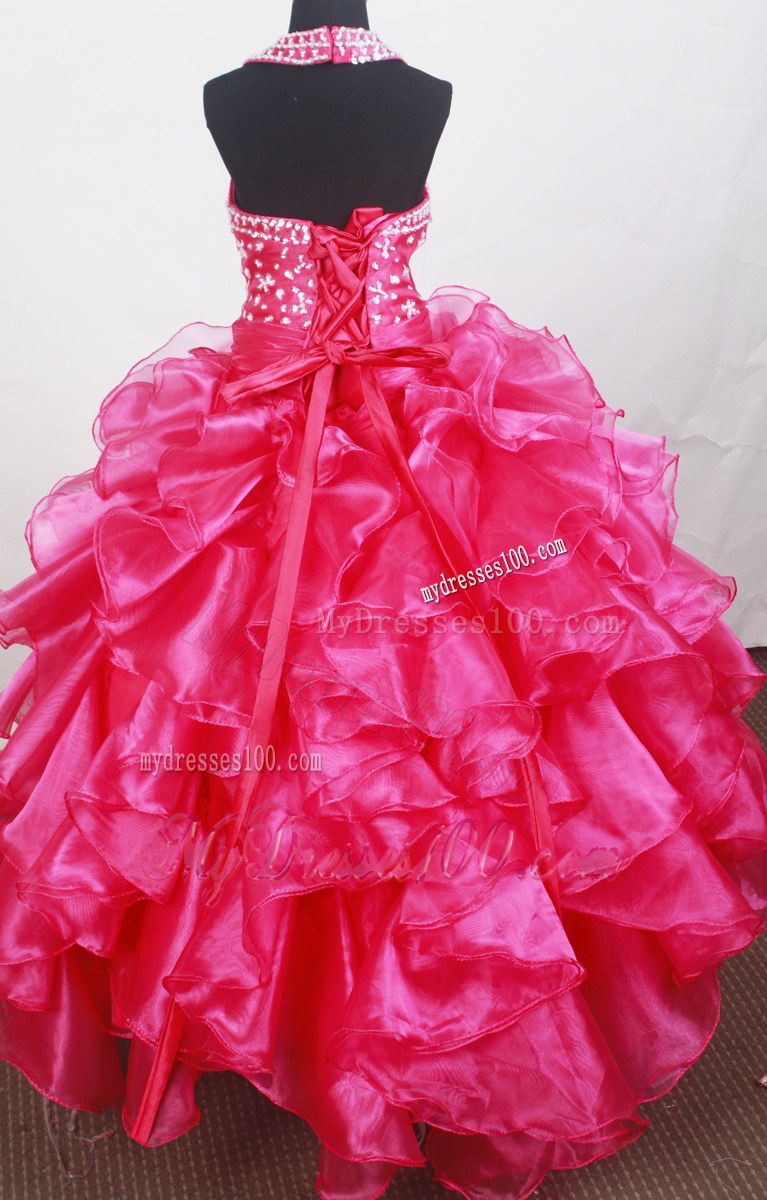 Beaded Decorate Halter and Bowknot For Little Girl Pageant Dresses With Ruffles