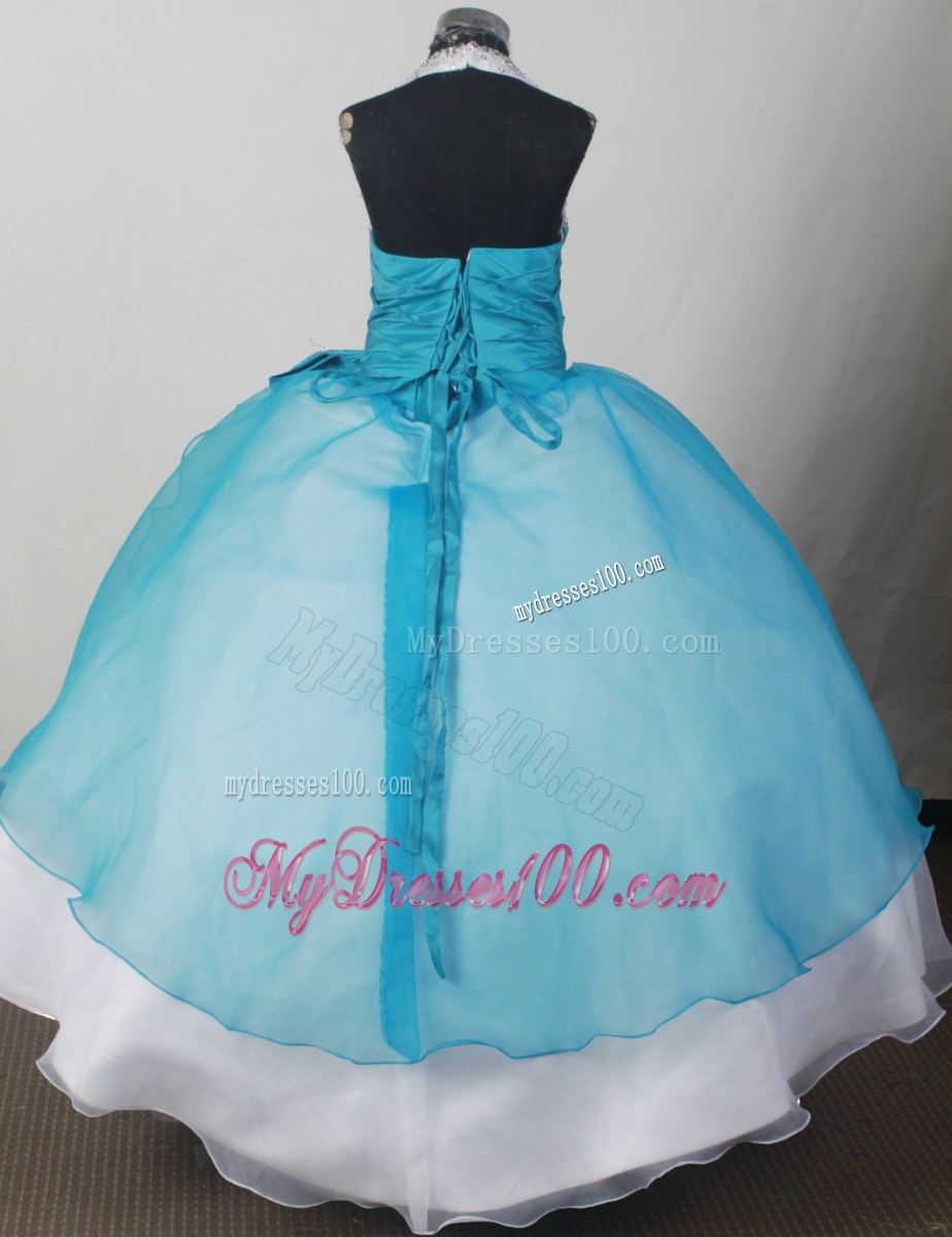 Beaded Decorate Lovely Halter Neckline Teal and White Flower Girl Pageant Dress