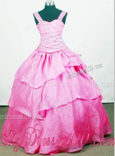 Straps Beaded Decorate For Little Girl Pageant Dresses With Hot Pink Layer