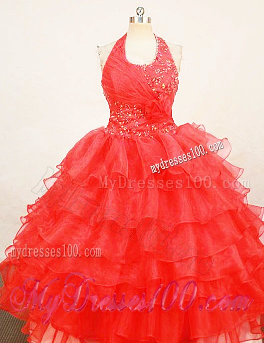 2013 Beaded Red Halter Top Little Girl Pageant Dresses With Ruffles