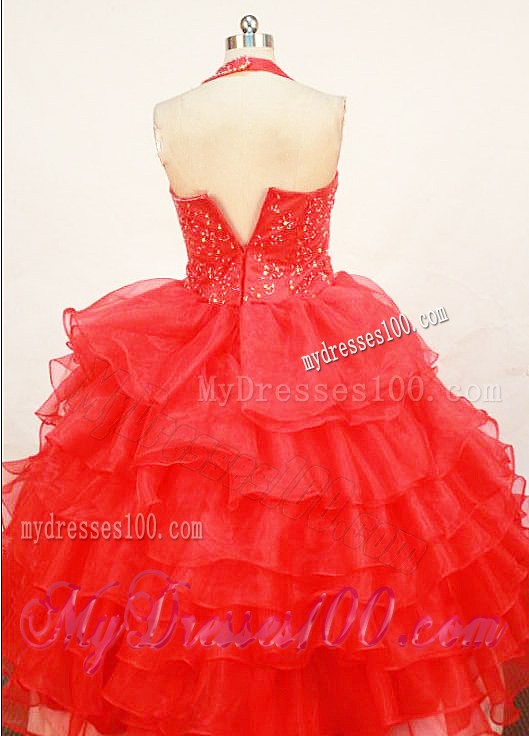 2013 Beaded Red Halter Top Little Girl Pageant Dresses With Ruffles