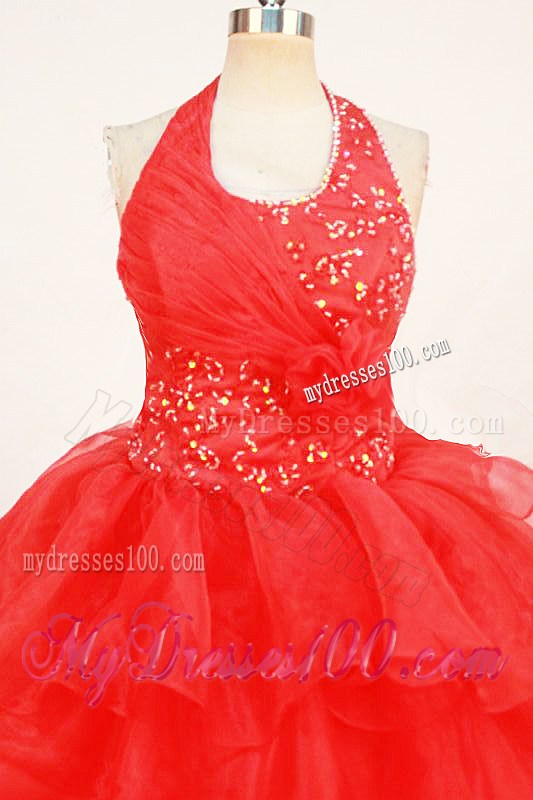 2013 Beaded Red Halter Top Little Girl Pageant Dresses With Ruffles
