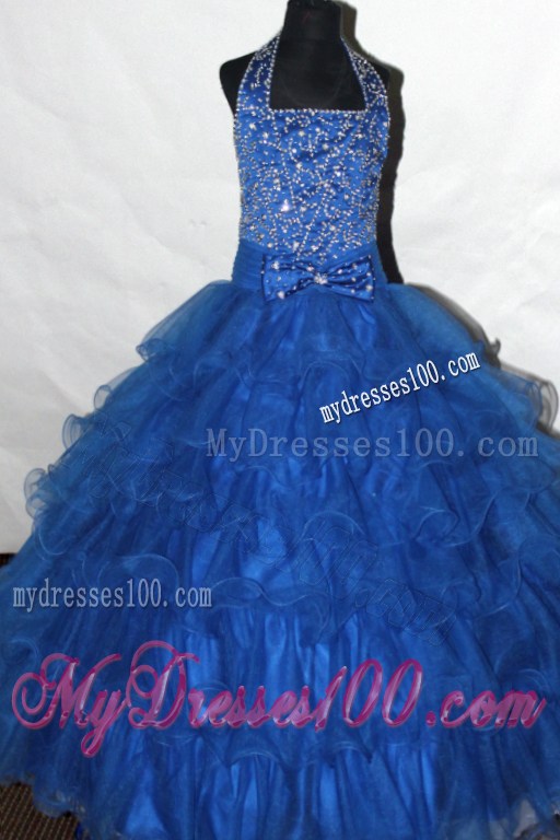 Beaded and Ruffled Layers Decorate Gorgeous Halter Neckline Flower Girl Pageant Dress