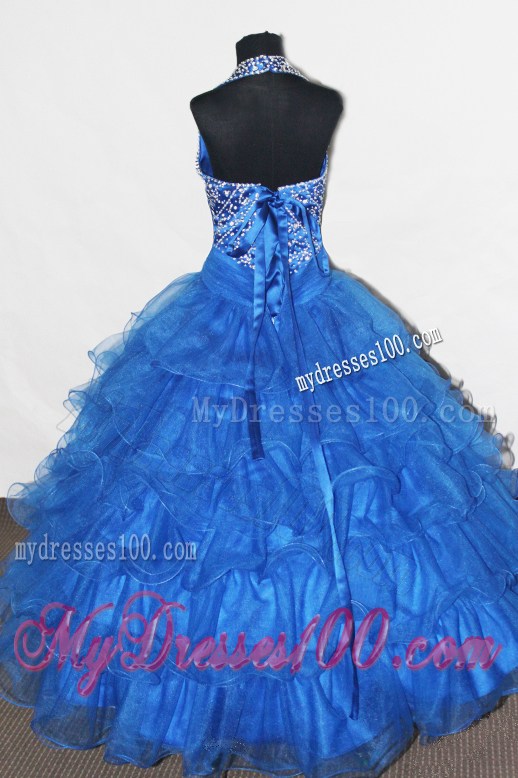 Beaded and Ruffled Layers Decorate Gorgeous Halter Neckline Flower Girl Pageant Dress