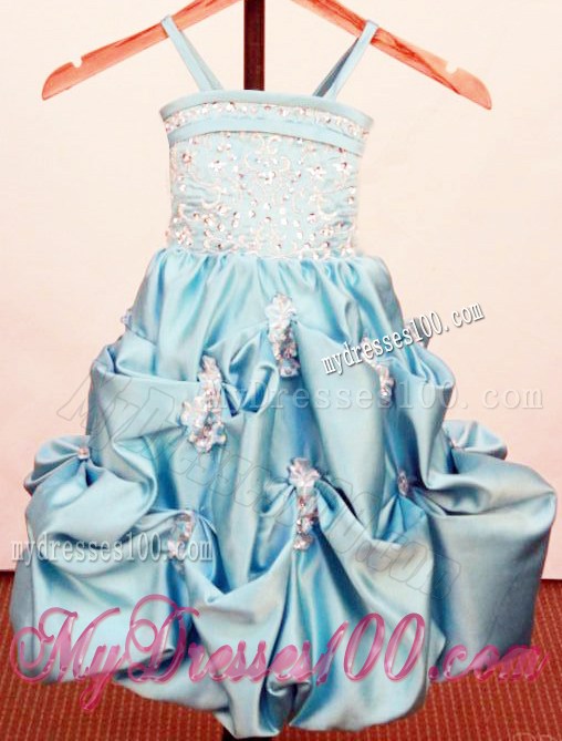 Beading Appliques Spaghetti Straps Little Girl Pageant Dresses With Pick-ups Baby Blue