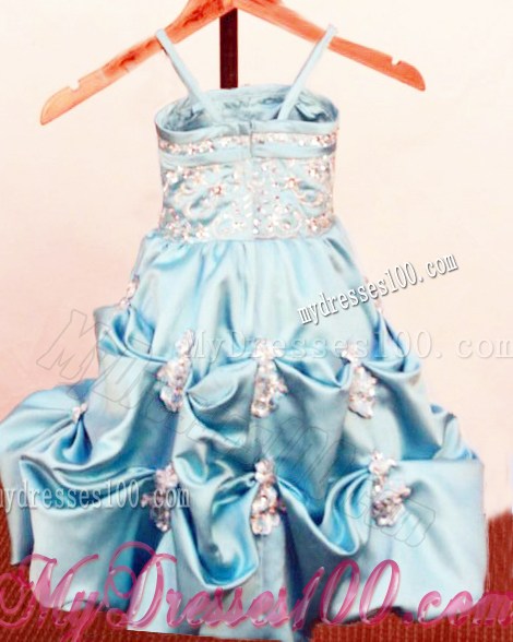Beading Appliques Spaghetti Straps Little Girl Pageant Dresses With Pick-ups Baby Blue
