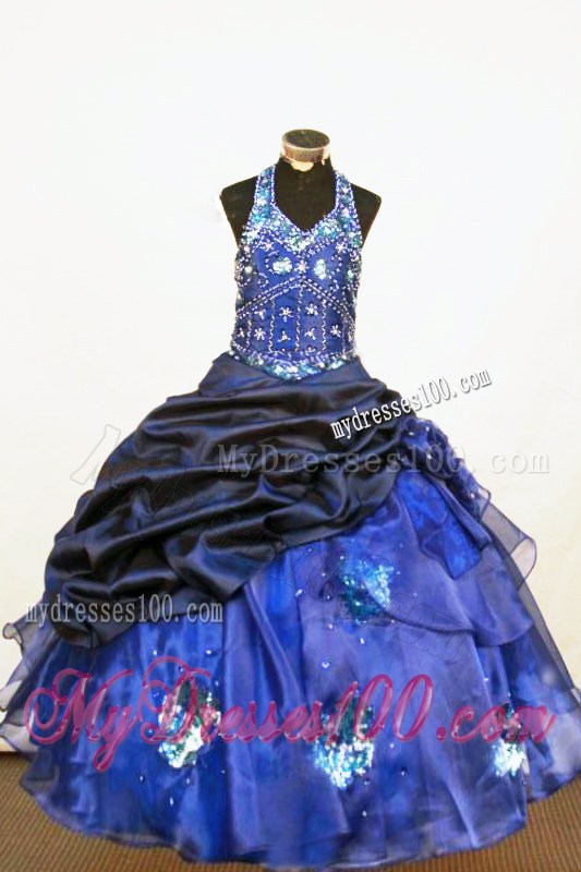 2014 Beading Beautiful Pick-ups Halter Blue Little Girl Pageant Dresses