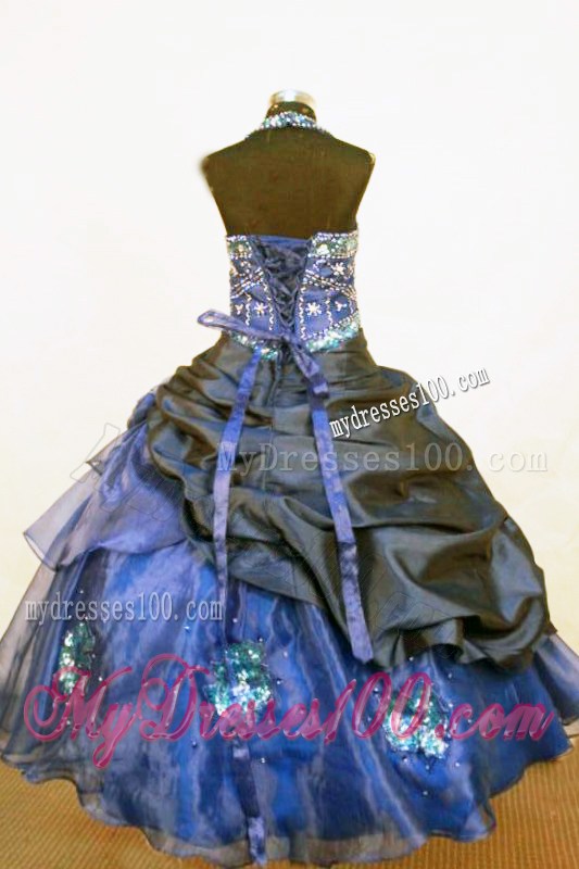 2014 Beading Beautiful Pick-ups Halter Blue Little Girl Pageant Dresses
