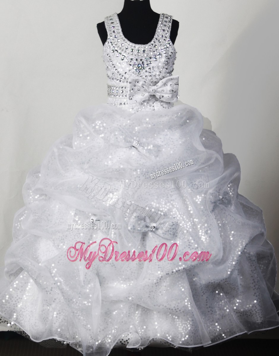 Scoop Floor-length Beading Bowknot Sequin Ball Gown Little Girl Pageant Dress