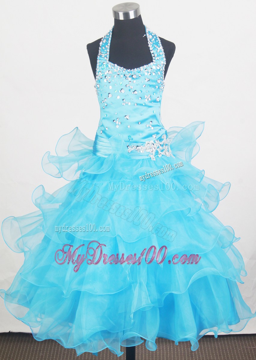 Aqua Blue Beading Halter and Ruffled Layers Little Girl Pageant Dresses Ankle-length