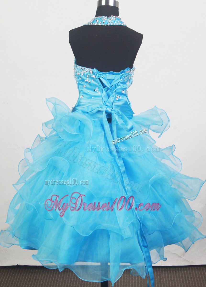 Aqua Blue Beading Halter and Ruffled Layers Little Girl Pageant Dresses Ankle-length