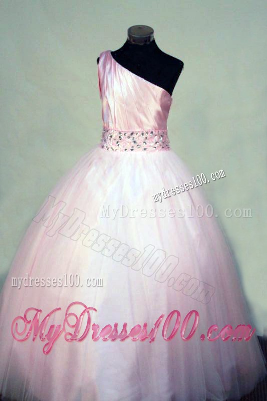 Beading Perfect One Shoulder Baby Pink Little Girl Pageant Dresses
