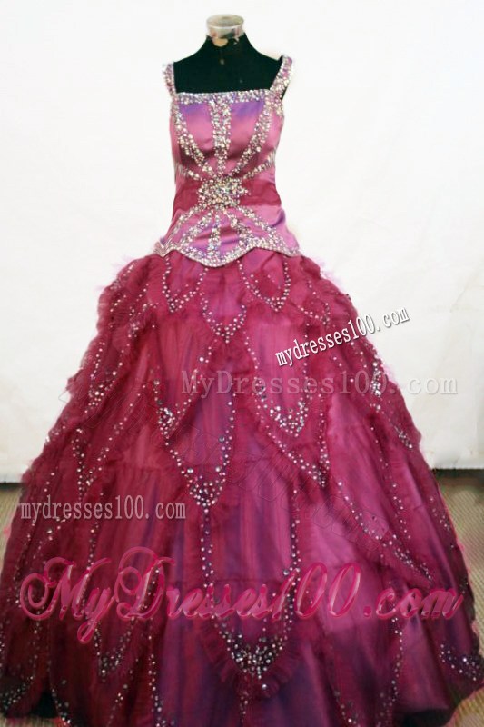 Beading Square Elegant Fuchsia Little Girl Pageant Dresses With Ruffles