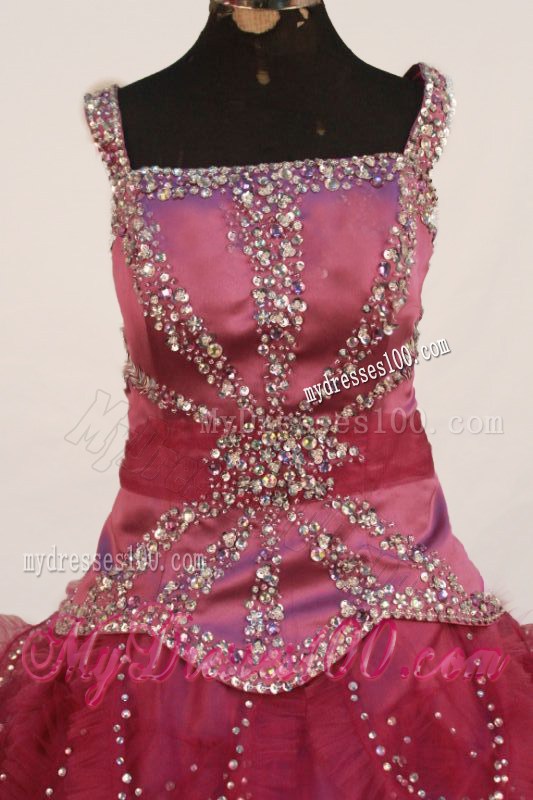 Beading Square Elegant Fuchsia Little Girl Pageant Dresses With Ruffles