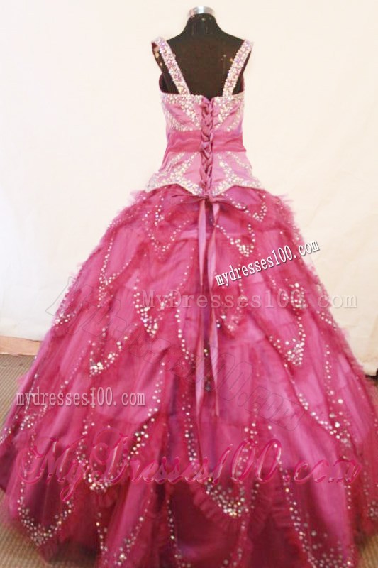 Beading Square Elegant Fuchsia Little Girl Pageant Dresses With Ruffles
