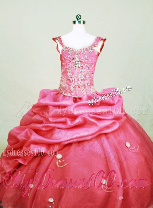 Beading Sweet Square Hot Pink Little Girl Pageant Dresses with Pick-ups