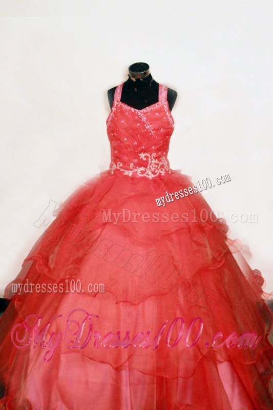 Beading and Appliques Luxurious Straps Ball Gown Off The Shoulder Neckline Floor-Length Red Little Girl Pageant Dresses