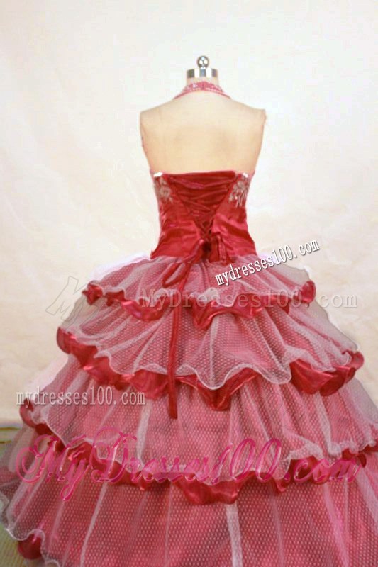 Beading and Layer Luxurious Fuchsia Ball Gown Halter Floor-length Little Girl Pageant Dresses