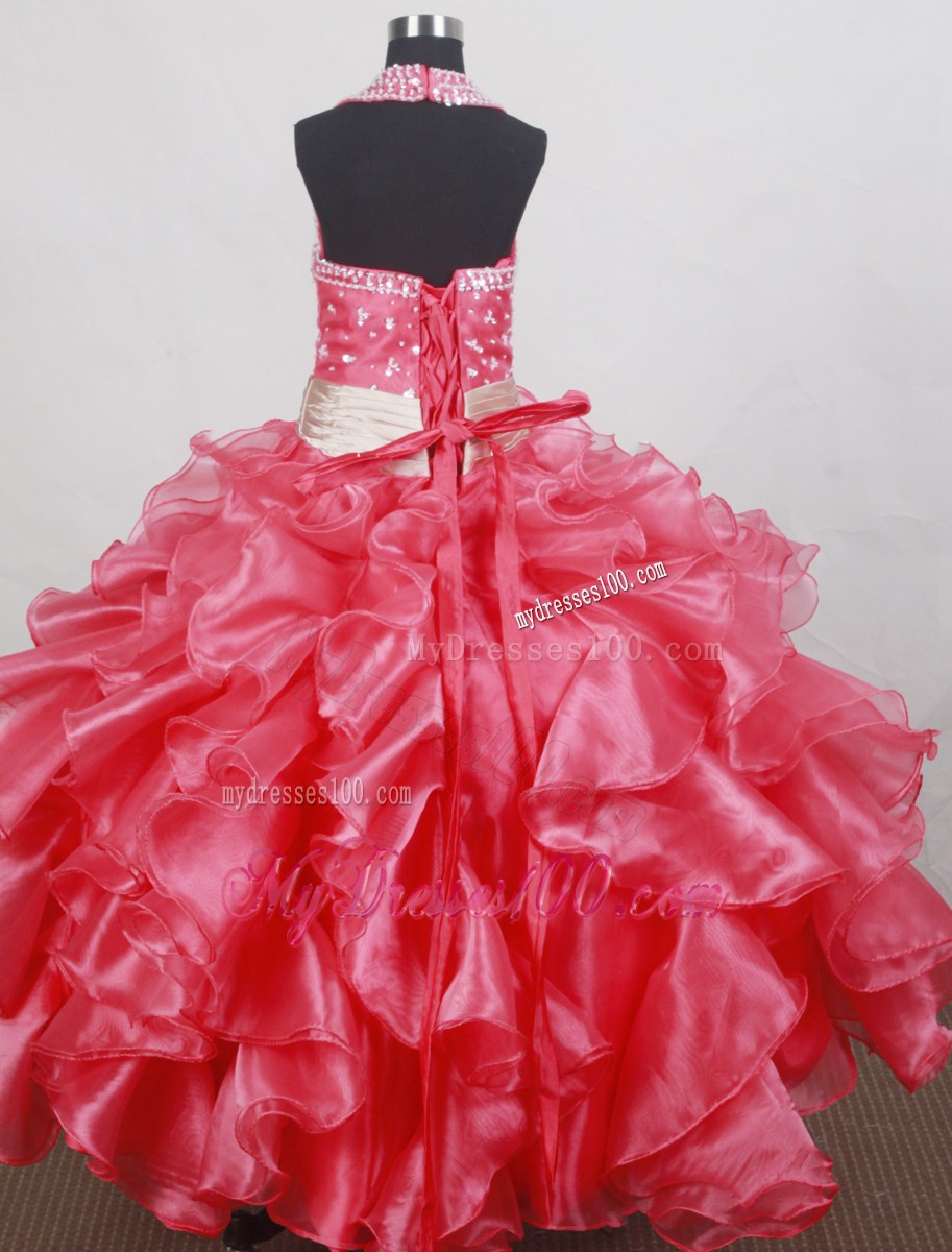 Beading and Ruffles Decorate Bodice Sweet Ball Gown Little Girl Pageant Dress Halter Top Floor-length