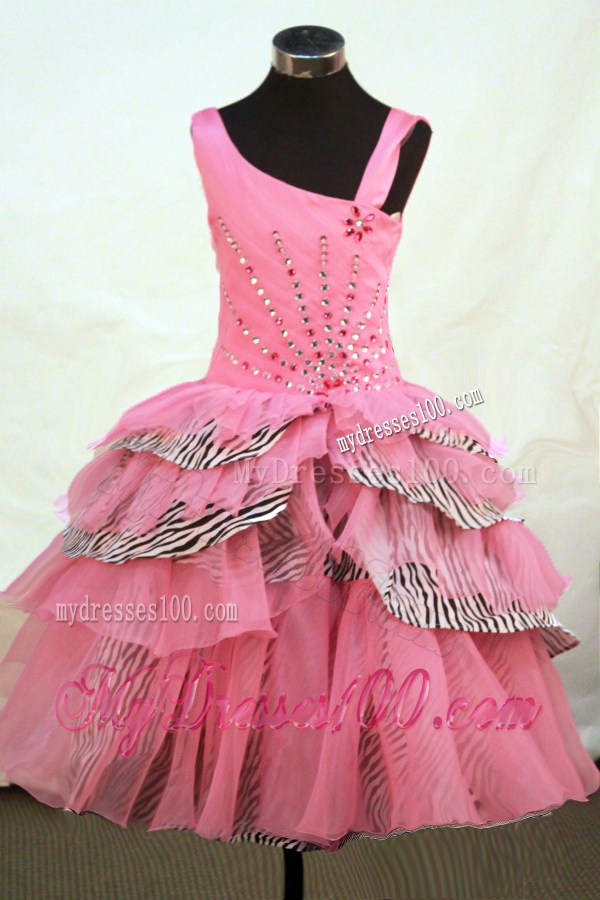 Beautiful Asymmetrical Neckline Rose Pink Organza Flower Girl Pageant Dress With Beaded Decorate