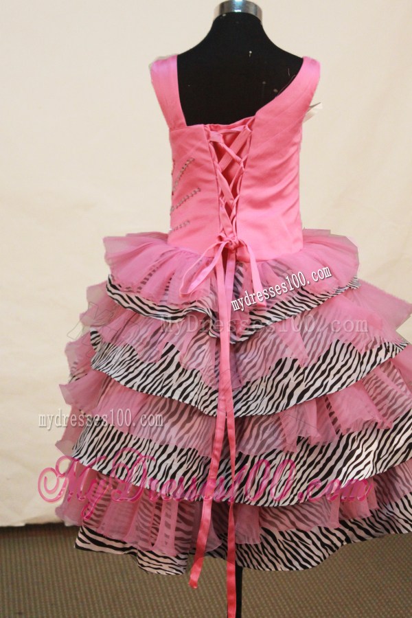Beautiful Asymmetrical Neckline Rose Pink Organza Flower Girl Pageant Dress With Beaded Decorate