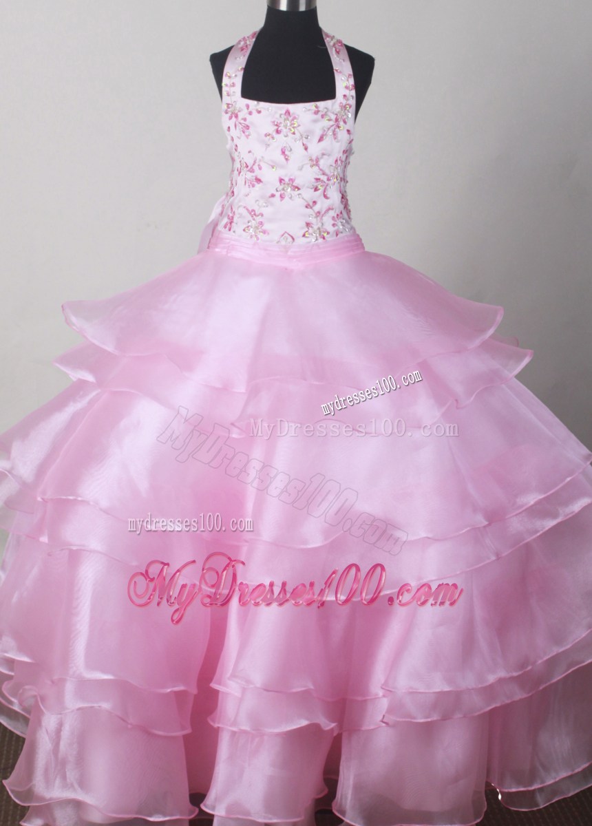 Beautiful Halter Top Little Girl Pageant Dresses With Embroidery Decorate Bodice