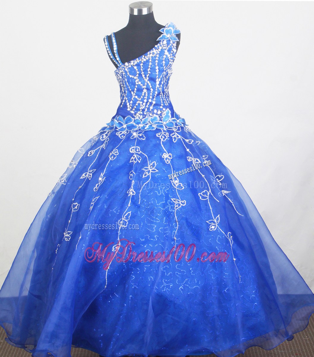 Beautiful Royal Blue Little Gril Pageant Dress With Beading and Hand Made Flowers