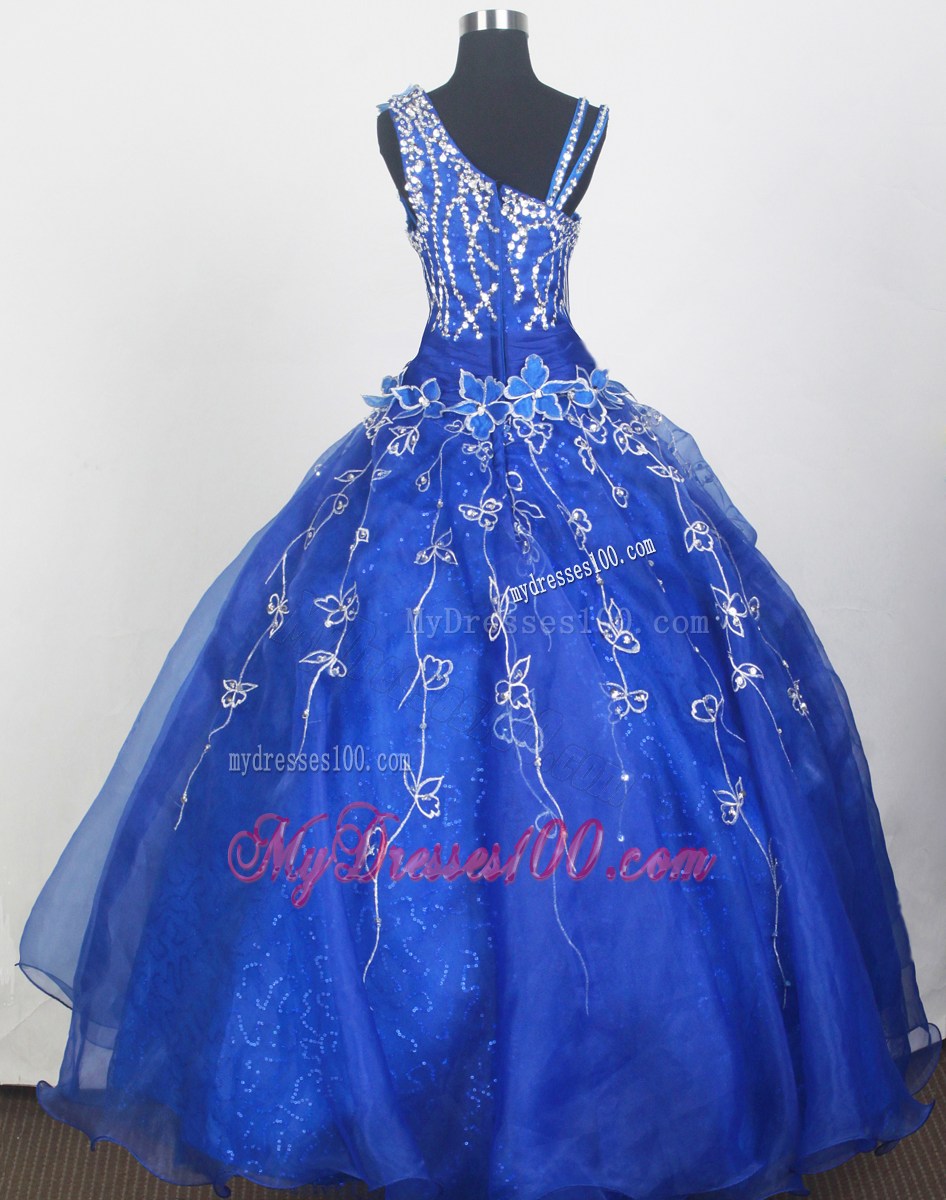 Beautiful Royal Blue Little Gril Pageant Dress With Beading and Hand Made Flowers