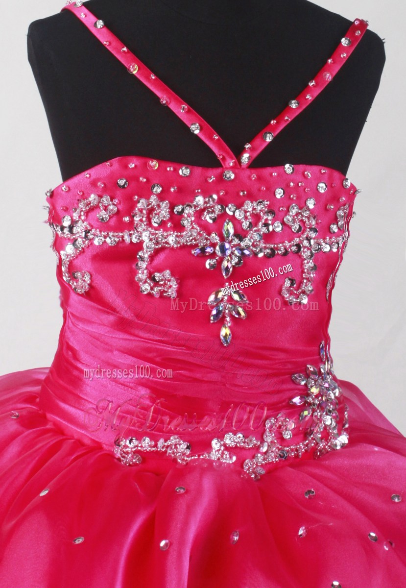 Beautiful Straps Fuchsia Little Girl Pageant Dresses With Beading Organza Halter Beading