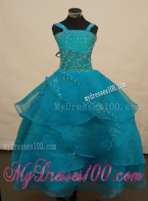 Beautiful Teal Flower Girl Pageant Dress With Appliques Decorate On Organza Straps Neckline