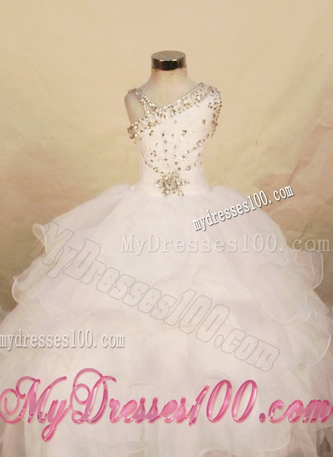 White One Shoulder Beading Ruffled Layers Little Girl Pageant Dresses