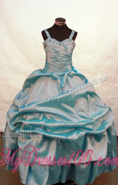 Blue Beaded and Ruch Decorate On Taffeta Flower Girl Pageant Dress With Straps Neckline Zipper-up