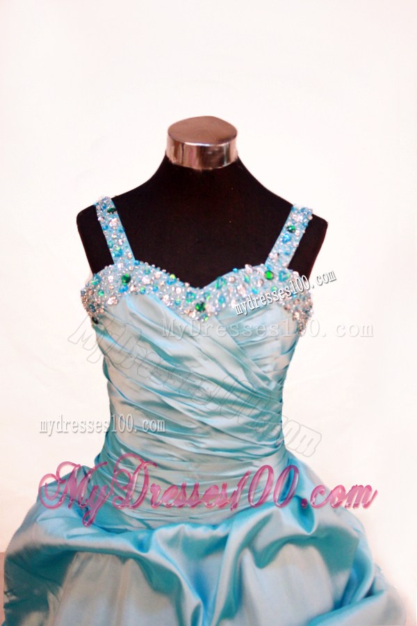Blue Beaded and Ruch Decorate On Taffeta Flower Girl Pageant Dress With Straps Neckline Zipper-up